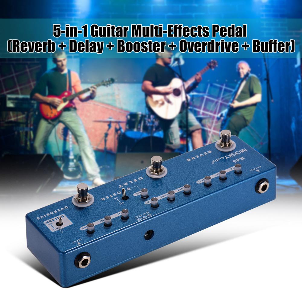 MOSKY RC5 6-in-1 Guitar Multi-Effects Pedal Reverb + Chorus + Distortion + Overdrive + Booster + Buffer with True Bypass Effect: 5 in 1 Blue
