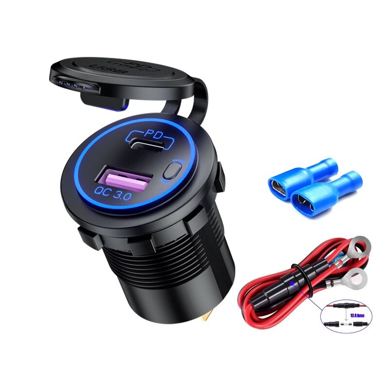 60w pd type c /qc 3.0 usb-laturi painikekytkimellä led volttimittarin pistorasia pikalataus 12v 24v auton kuorma-auton moottoripyörän rv:lle: Blue-line-standardi