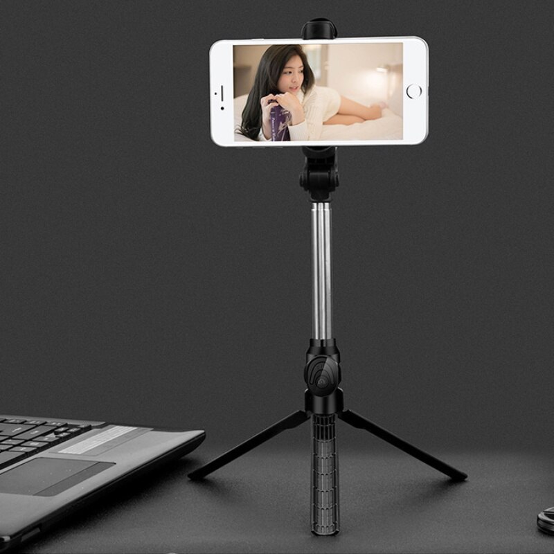 Bluetooth selfie stick stativ för iphone xiaomi huawei roterbar blue tooth selfie tripode trepied tripie phone stick tripod: Svart