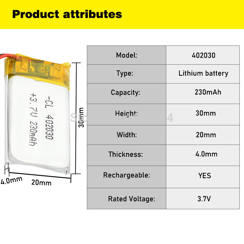 402030 3.7v 230mAh li-ion Lipo cellules Lithium li-po polymère batterie Rechargeable pour Bluetooth GPS MP3 MP4 enregistreur