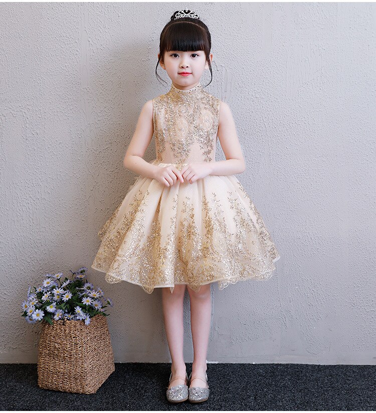 Golden Tulle Flower Girl Dress Party Kids Pageant Gown Princess Wedding Dress Sleeveless First Communion Dresses 1-14T
