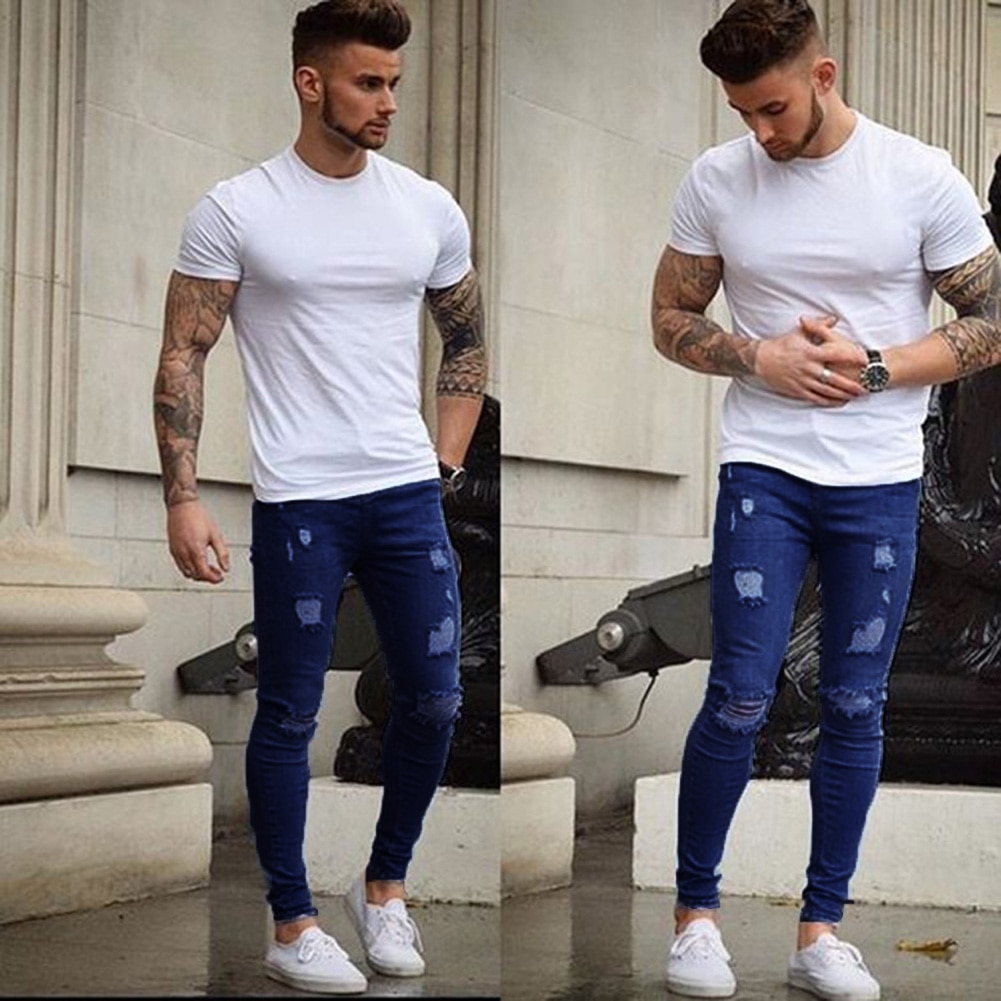 Men's Stretchy Biker Jeans Skinny Destroyed Taped Slim Fit Denim Pencil Pants Ripped Jeans for Male Light Blue S-XXXL: Blue / M