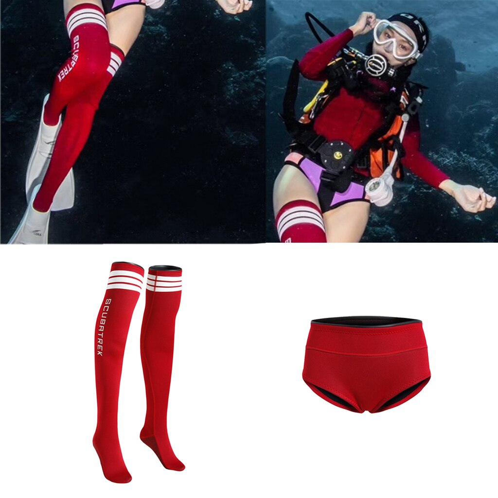 Women's Wetsuit Shorts - Neoprene Diving Suit - Anti-Slip Fin Socks - Red