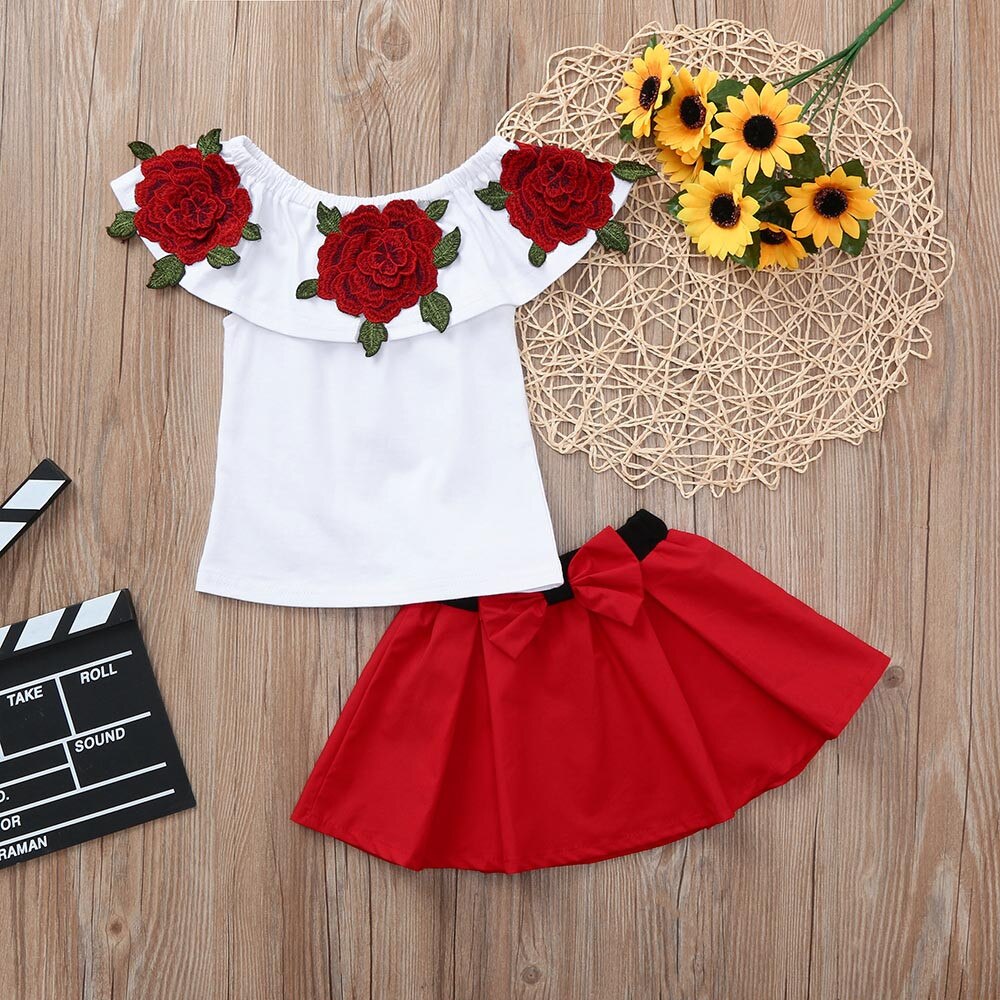 JAYCOSIN Del Bambino Del Bambino Delle Ragazze Senza Maniche Al Largo Della Spalla Del Ricamo di Rosa Magliette E Camicette + Gonne Attrezzature del bambino del bambino delle ragazze della principessa dress