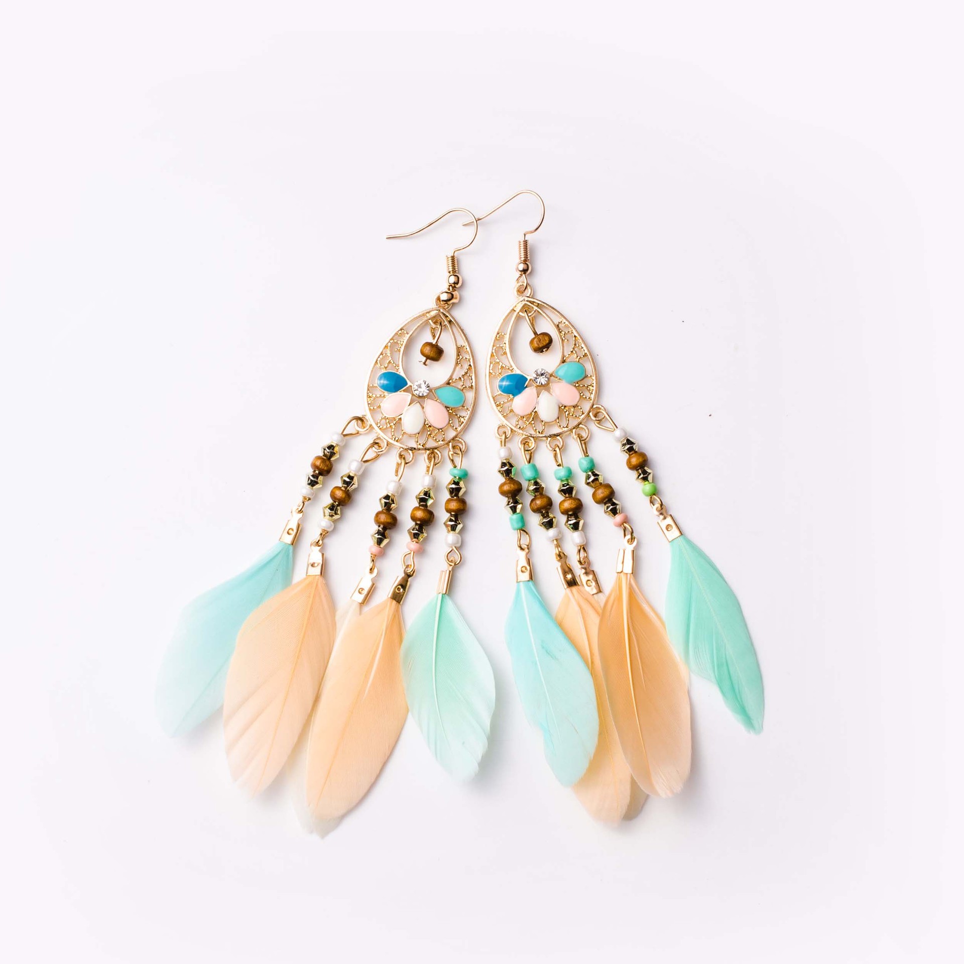 Etnische oorbellen met veren, damessieraden, bohemian zomerse metalen oorbellen met lange kwastjes, indiase sieraden: Dx031-5