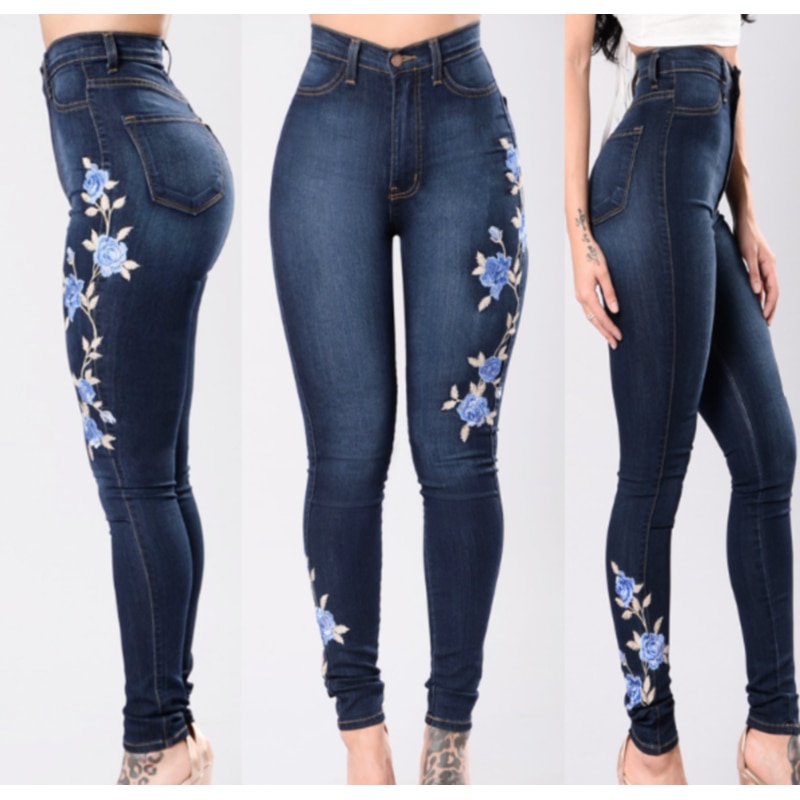 Jean brodé Stretch pour Femme élastique bleu fleur jean Femme crayon Denim Pantalon Rose motif Pantalon Femme