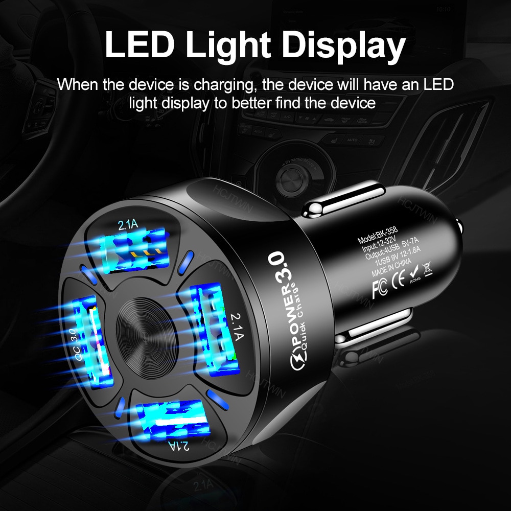 Car Charger Quick Charger 12V-32V 3A QC3.0 4 USB Fast Auto Charger Stable Current Output LED Light Mobile Phone Charger