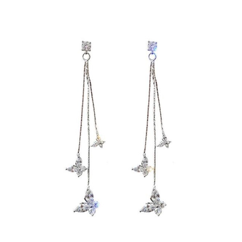 Three Butterfly Crystal Earring Bijoux Long Tassel Dangle Earrings for Women Statement Earrings Jewelry: Silver