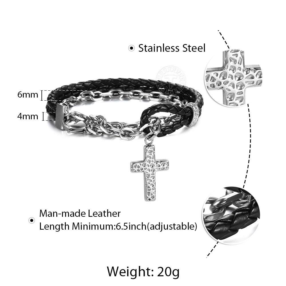 Armbinde für Männer Doppel geschichtet Edelstahl Kabel Kette Schwarz Punk Mann-gemacht Leder Kreuz Charme Mens Armbinde LDLB195