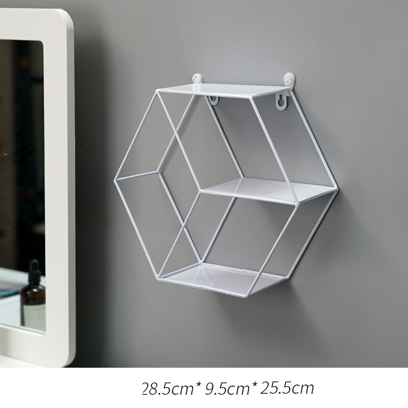 Nordisk metalvæghylde smedejern sekskantet opbevaringsholderholder klassisk enkel multifunktionel vægdekoration: B-hvid