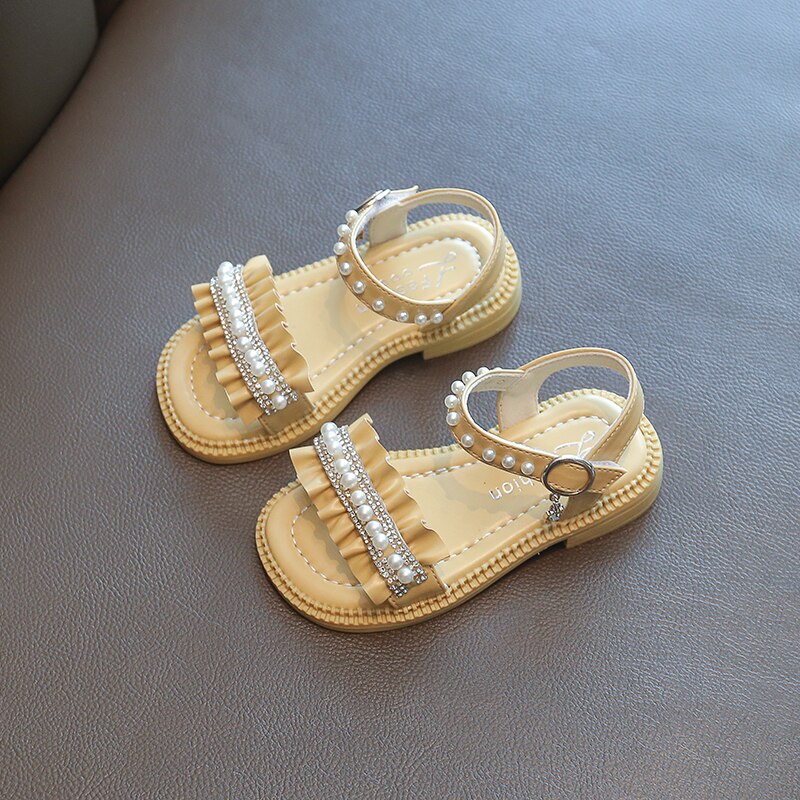 Sandálias da criança menina bege amarelo babados pérola doce crianças sliders praça toe 22-31 moda all-match crianças sapatos planos: YELLOW / 27-insole16.3CM