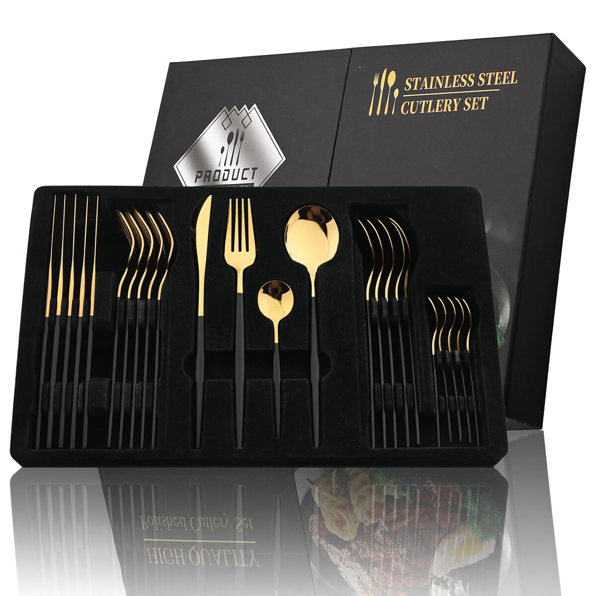 Juego de cubiertos dorados con mango negro, 24 Uds., cuchillo de acero inoxidable, tenedor, cuchara, vajilla, juego de cubiertos, vajilla de cocina para Festival,