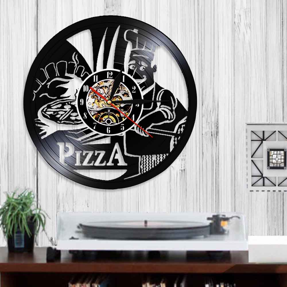 Pizza Shadow Art Clock Food Theme Vinyl Record Wall Clock Modern Kitchen Clock Wall Art Decor For Kitchen Room