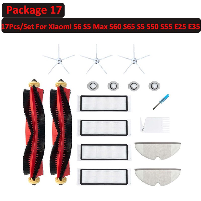 6 ~ 25 stk avtakbar rullesidebørstefiltersett til xiaomi roborock  s6 s60 s65 s5 max  t6 støvsuger feie tilbehør: Pakke 17