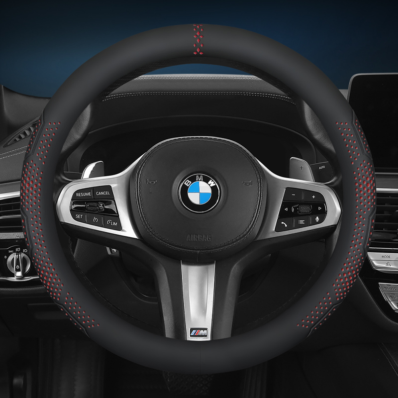 Universal Car Steering Wheel Cover 14.5-15 Inch, 3D Textured Non-Slip with Breathable Napa Leather: Red