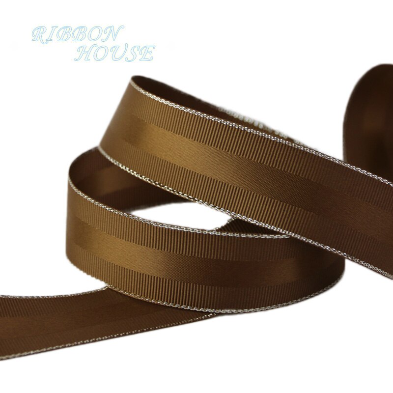 (5 meters/lot) 25mm silver Edged Grosgrain Ribbon an Lace wedding Christmas ribbons: Coffee / 25mm