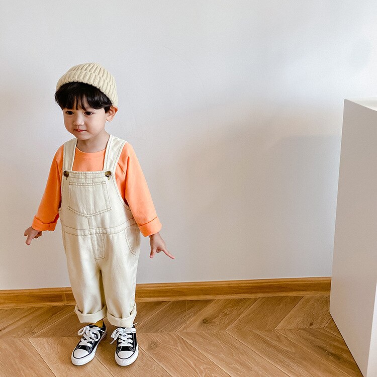 Jongens Meisjes Losse Toevallige Denim Overalls Meisjes Herfst 2 Kleuren Wijde Pijpen Alle-Wedstrijd Broek Jarretel: Creamy-white / 2T