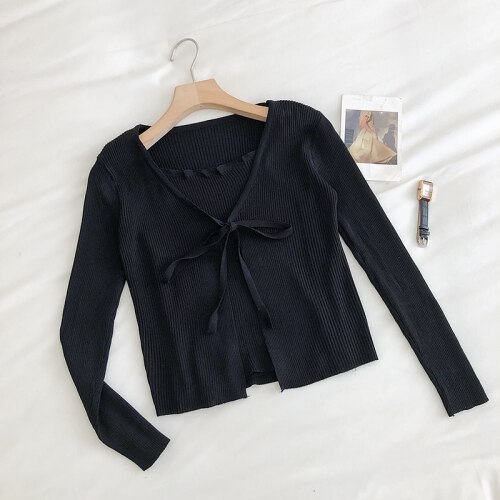 Neploe, conjuntos de cárdigan de punto para mujer, pajarita de manga larga, puntada abierta + básico ajustado, Chaleco Corto con tirantes, trajes de verano 4C691: Black