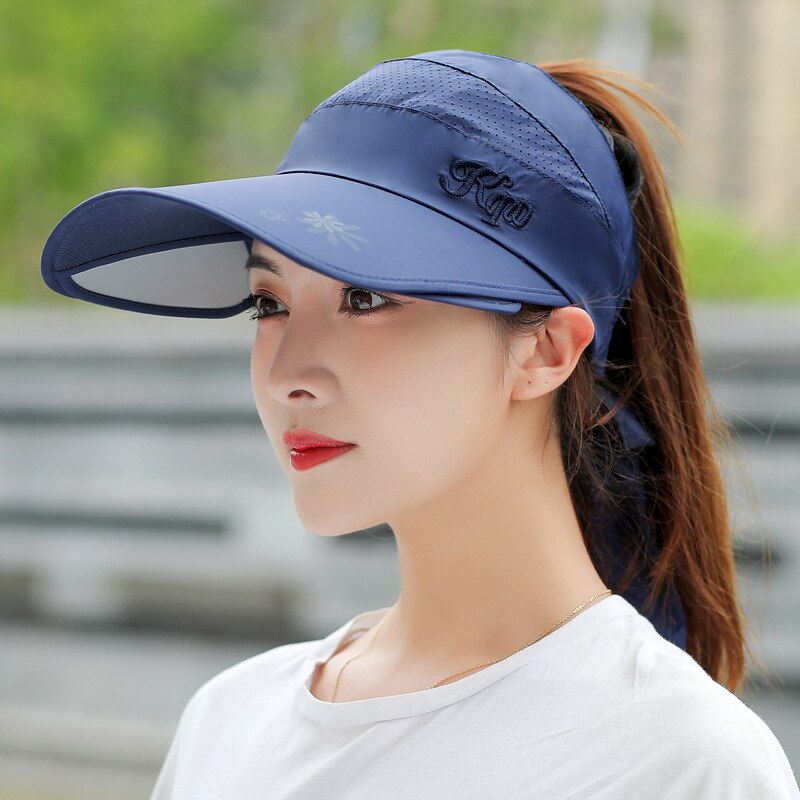 Verano sol sombrero visera gorras mujer escalable ala vacía arriba de béisbol gorra de protección UV playa visera del sol sombreros para las mujeres: navy