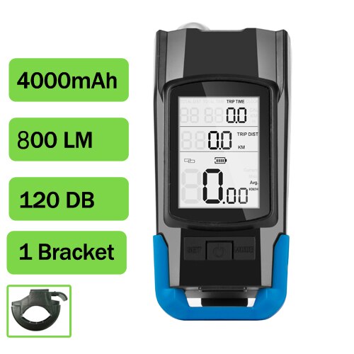 Wireless Bicycle Computer MTB Cycling Bike Odometer Stopwatch Speedometer Integrated 800LM Headlight 120DB Horn Accessories: Blue A
