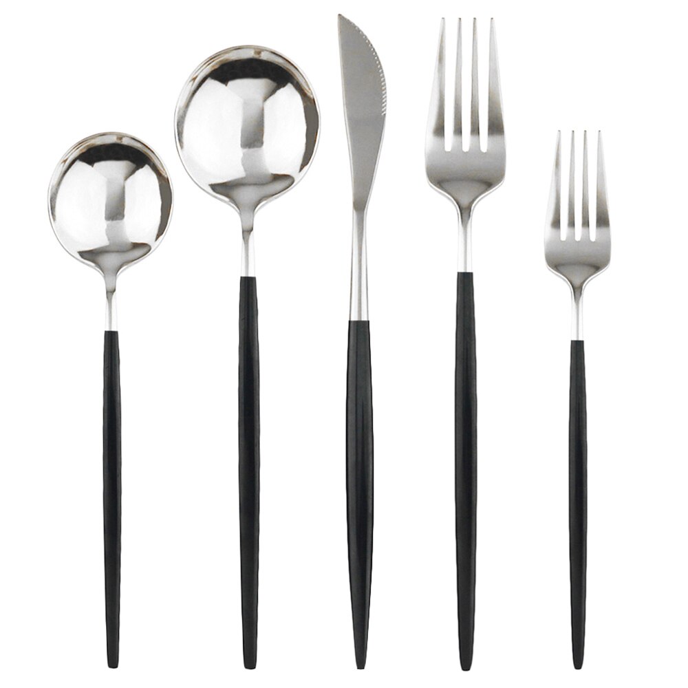 20 st färgglada bestick set guld bestick set dessert gaffel sked 304 rostfritt stål servis set glänsande kök servis set: Svart silver