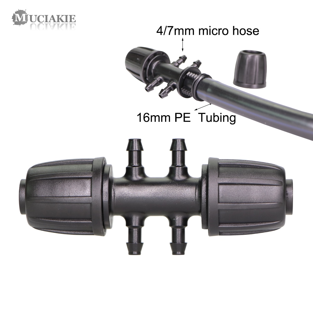 MUCIAKIE-conector de tubería de 16mm a 4/7mm, adaptador de agua de riego de jardín, 6 vías, tubo de polietileno a juntas de conector de micromanguera de 1/4 pulgadas