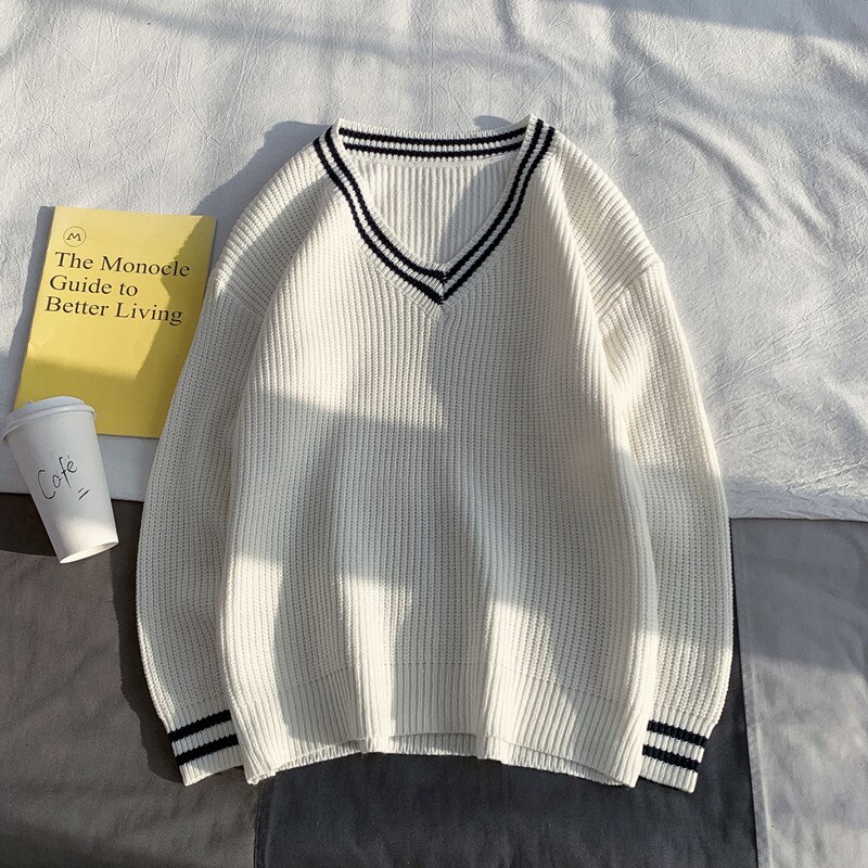 Jerséis con cuello en V para hombre, suéteres masculinos con cuello en V, estilo pijo, para parejas, fáciles de combinar, y holgado, estilo Retro para Otoño e Invierno: white / M