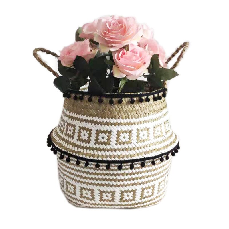 Opbevaringskurve vasketøj søgræs kurve flet hængende urtepotte kurve opbevaring blomster hjemme potte panier osier kurv til legetøj: Sort / L 32 x 28cm