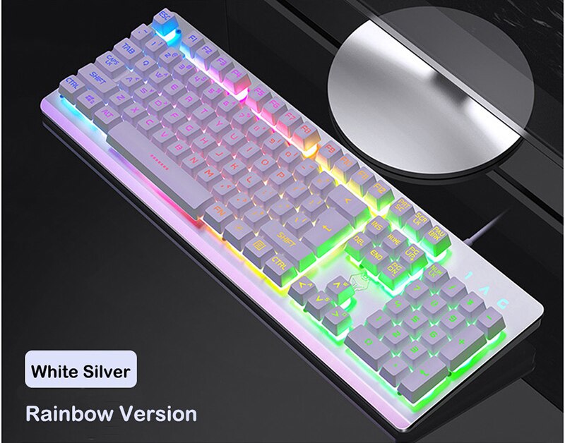 Backlit Gaming Ergonomic Keyboard USB Wired 104 keys RGB LED USB Keyboard Gamer Keycaps PC Laptop Keyboads for Lenovo/Asus: white ranbow