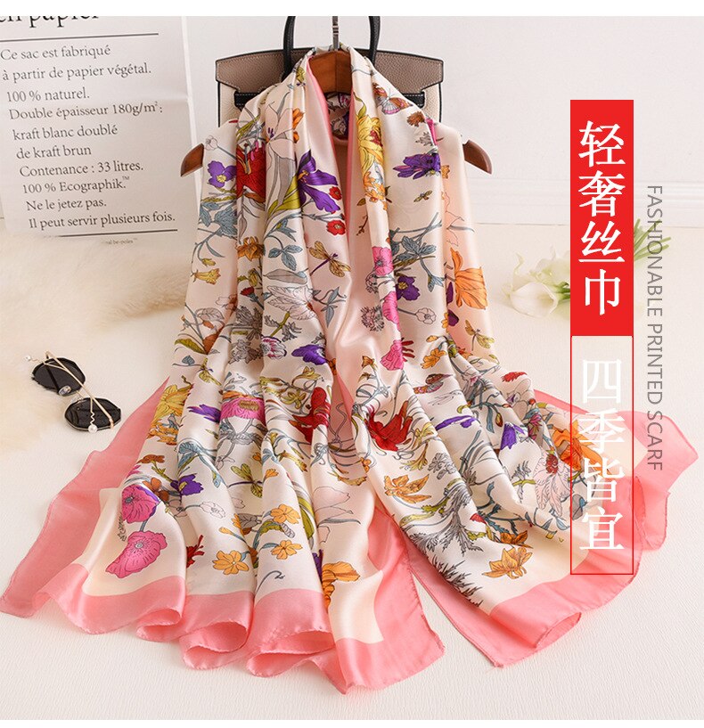 pañuelo de seda chino Otoño e Invierno señora Popular rayas estilo estampado seda bufanda mujeres chal playa protección solar: 02