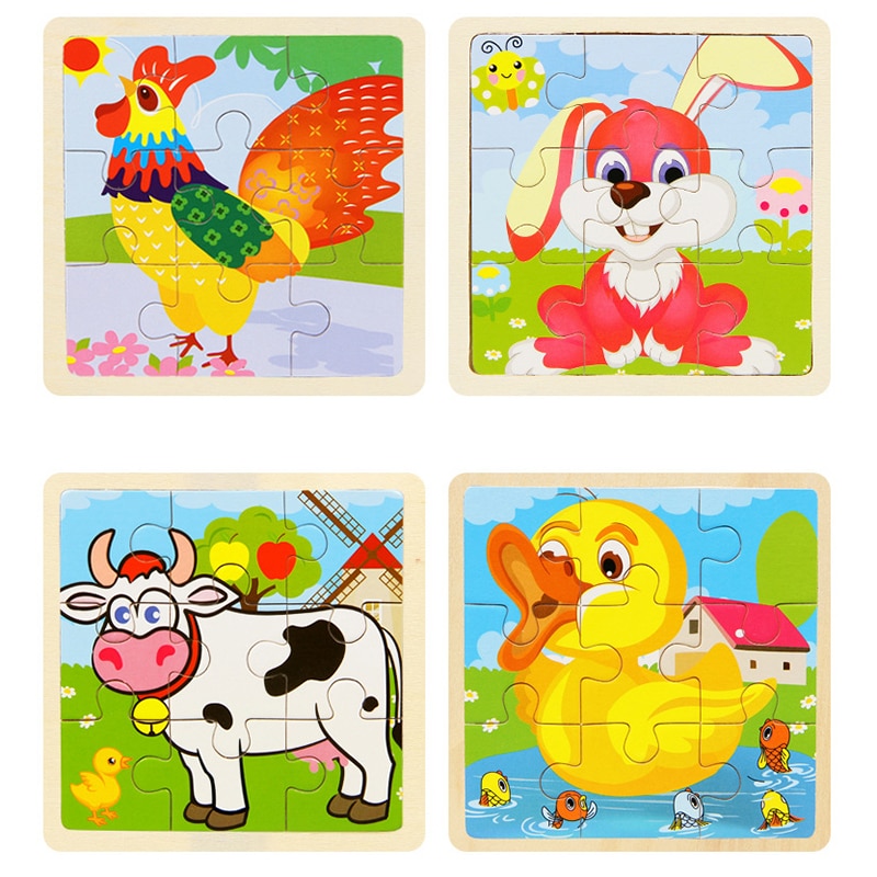 Mini Size 11*11cm Wooden 3D Cartoon Puzzle Jigsaw for Children Kids Cartoon Animal/traffic Puzzles Educational Toy Girl Boy