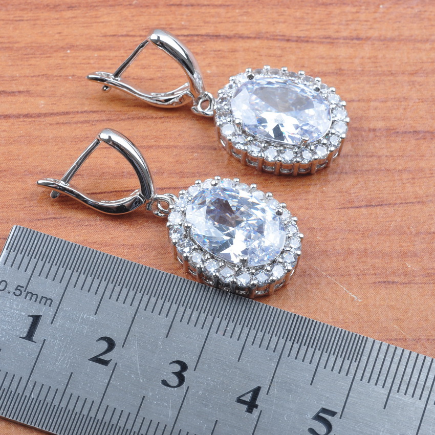 Zilver Kleur Sieraden Sets Bruiloft Set Mode Witte Zirconia Engagement Sieraden Oorbellen Ketting Ringen JS0463