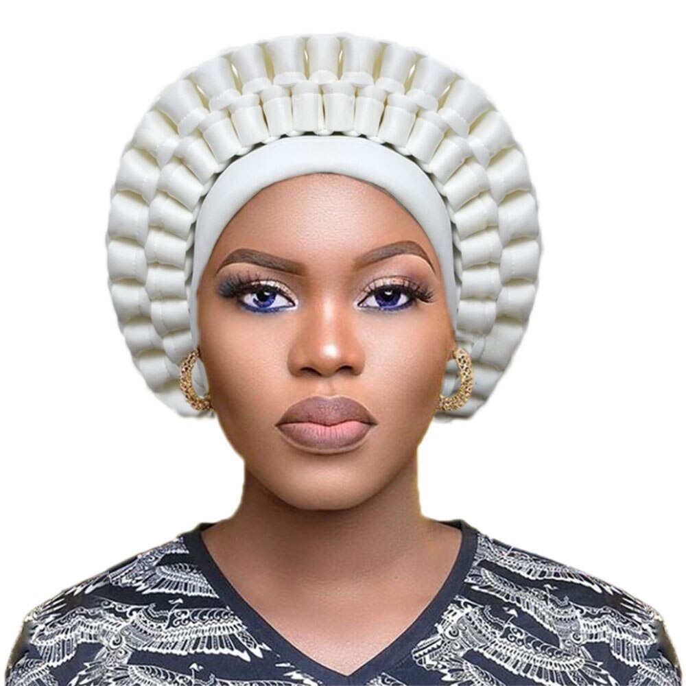 Afrikansk headtie nigeriansk turban kvinder auto gele afrikanske headwraps ankara hovedbeklædning let slips: Hvid