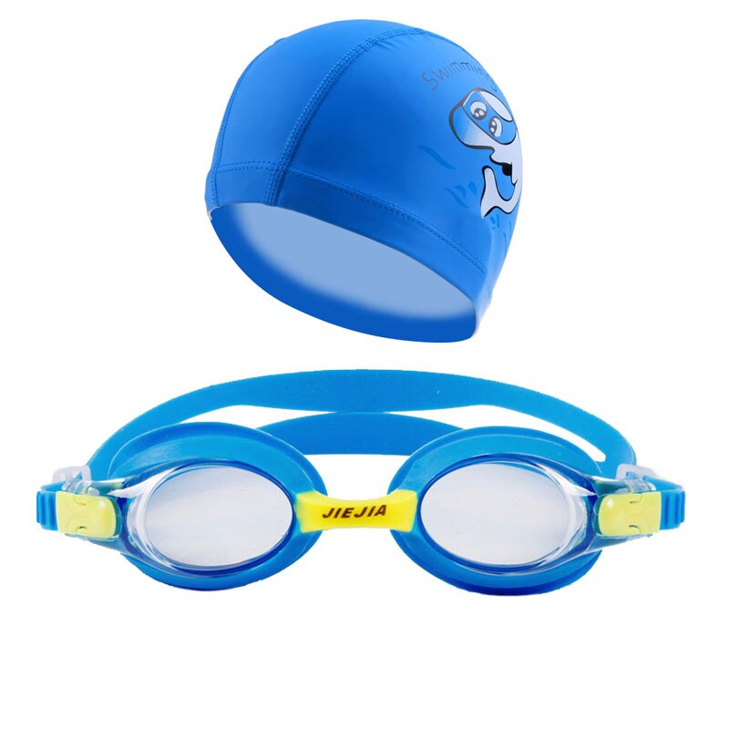 Piscina para niños gafas conjunto Delfín de dibujos animados gorras de nadar para niños gafas tutoria pescado arena gafas de natación: Blue