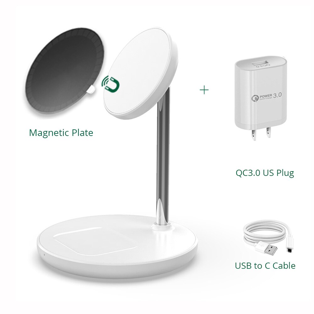 Magnetic Wireless Charger 2 in 1 Stand For iPhone 13/12 Pro/11/X Desktop Phone Holder 15W Qi Wireless Charging For Airpods 2 3: White US Magnet