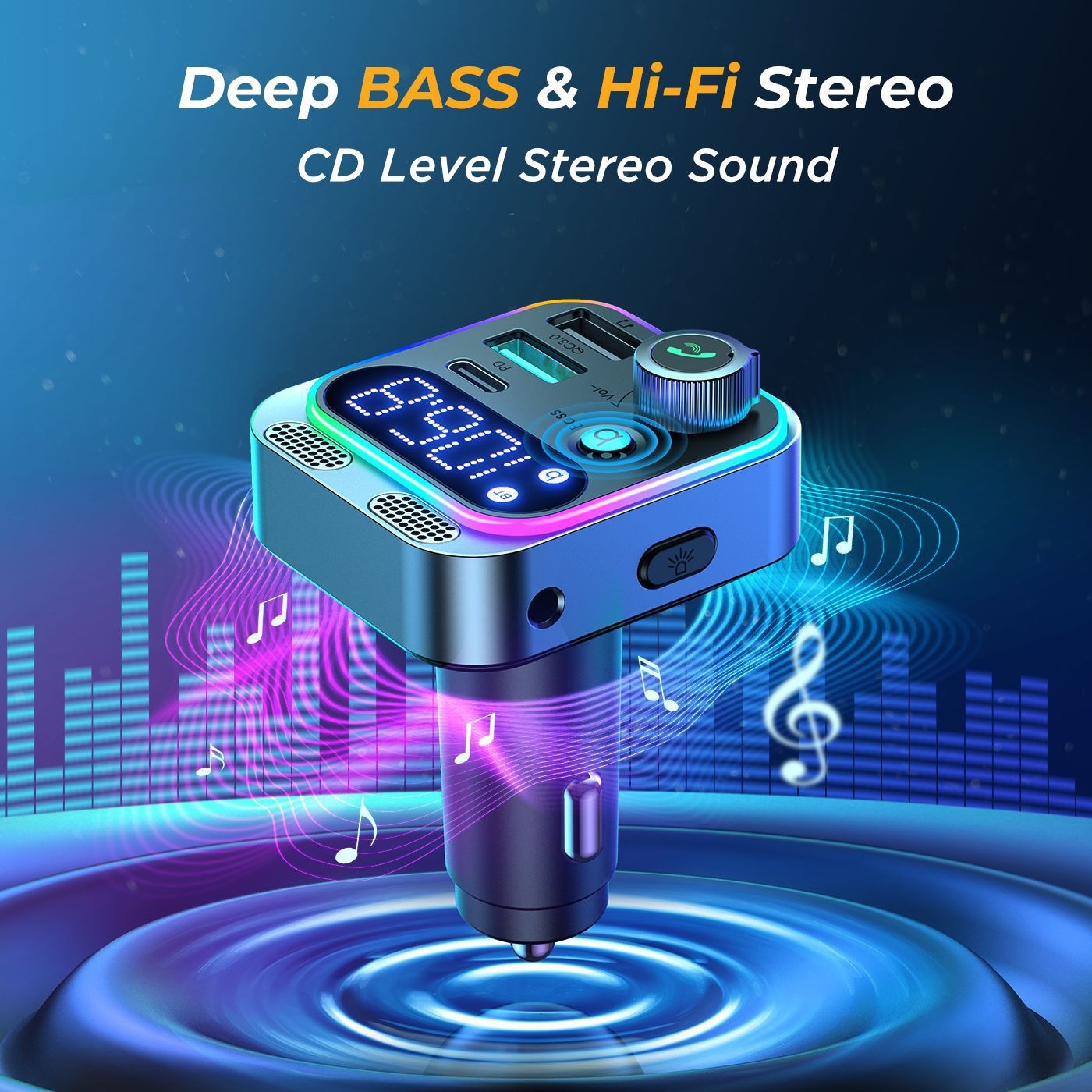 Transmisor FM Bluetooth para coche, transmisor FM Bluetooth 5,3, cargador de 3 puertos para coche, cargador rápido FM/AUX, accesorios electrónicos