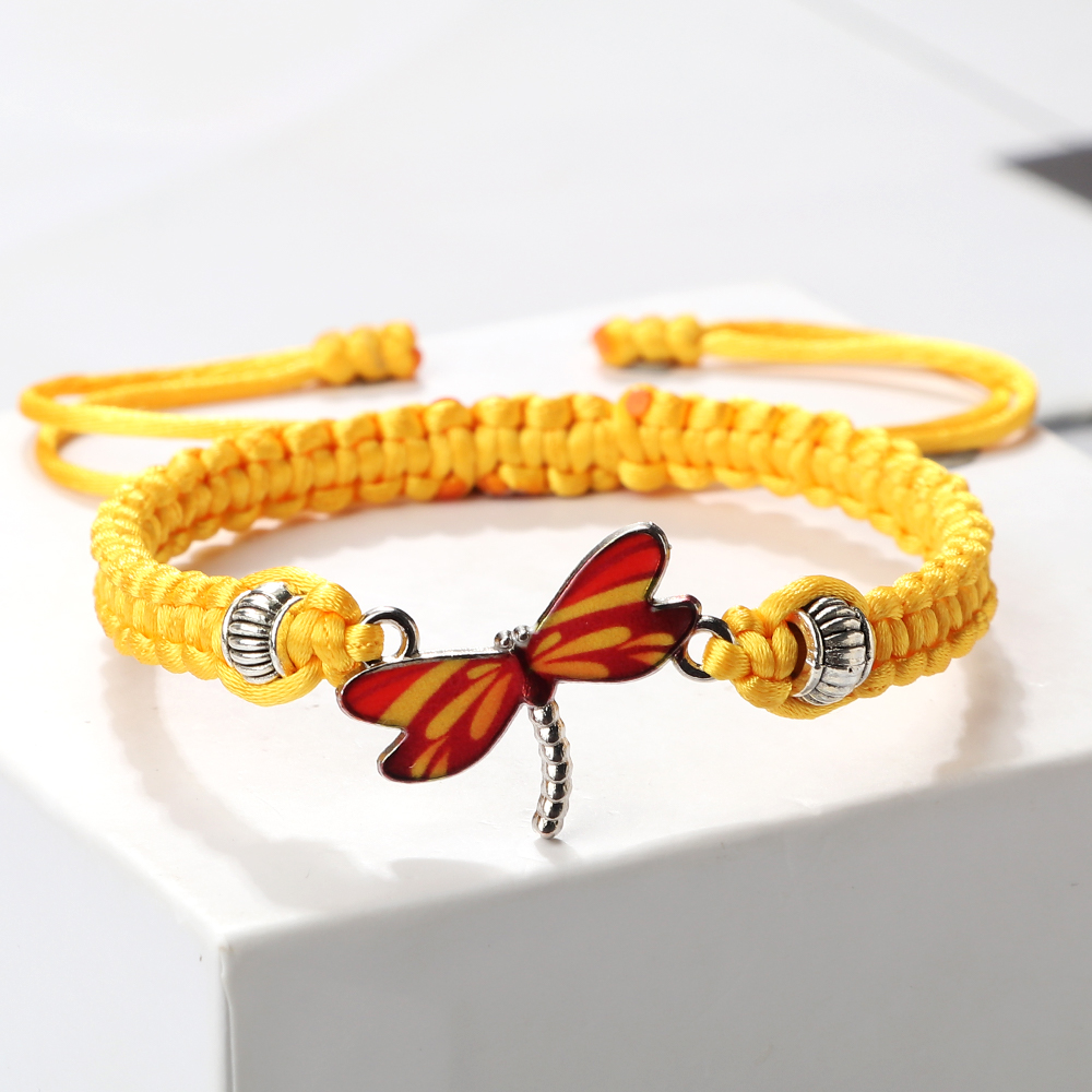 Dragonfly Hanger Gevlochten Armbanden Lucky Paars String Touw Vrouwen Mannen Mode-sieraden Handgemaakte Verstelbare Armbanden Charm: Licht Geel Goud Kleur