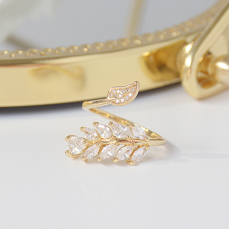 14K Real Gold Full CZ Leave Ring for Women Adjustable Open AAA Zircon Delicate Daily Jewelry Pendant