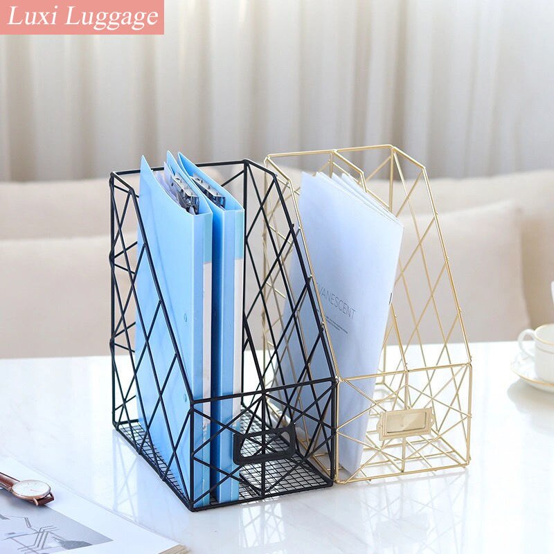 Wrought Iron Grid File Holder Simple Double Layer Desk Shelf Book Storage Office Student Supplies