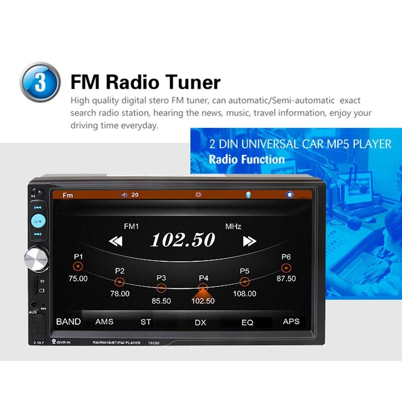 7 Inch Car Stereo 2 Din HD Bluetooth MP5 Video Digital Player with Wireless Remote Control Hands Free Multimedia, Support Card R