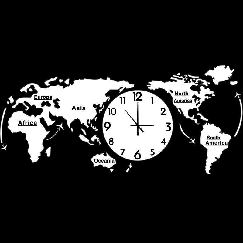 Punch-free DIY Black Acrylic World Map Large Wall Clock Modern Desgin Stickers Silent Watch Home Living Room Kitchen Decorarion: white