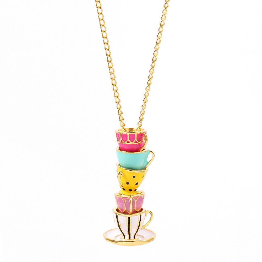 FXM Bohème Teetasse Anhänger Halskette Damen - Handgefertigt Emaille Metall Pullover Kette Schmuck: Xl1681