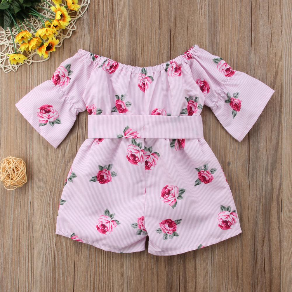 Kinderbabymeisjes bloemenromper met blote schouders, jumpsuit met strik, zomeroutfits en kleding