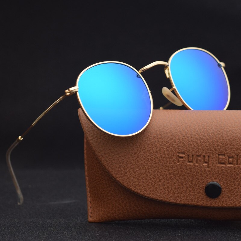 GLASS Lens UV 400 Small roungd metal MEN WOMEN Sunglasses Gothic Steampunk Sunglasses Mens Womens Retro Vintage Round Eyewear: gold-blue