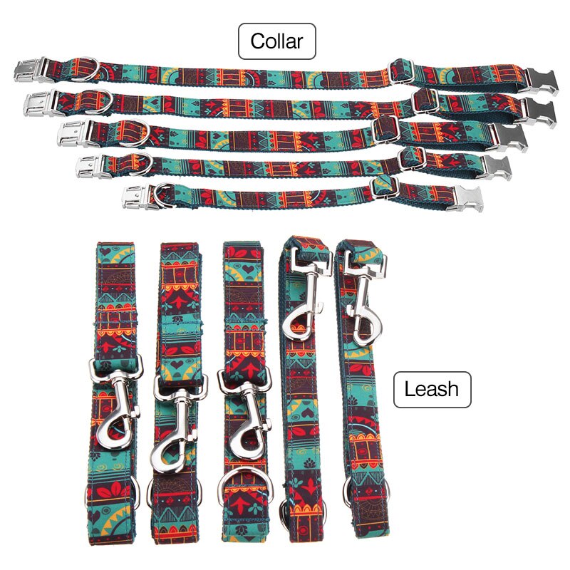 Colorful Printed Pet Dog Collar Leash Set Adjustable Cotton Training Lead Thicken 2.5mm Collar Leashes Kits 110-120cm: Red green / L