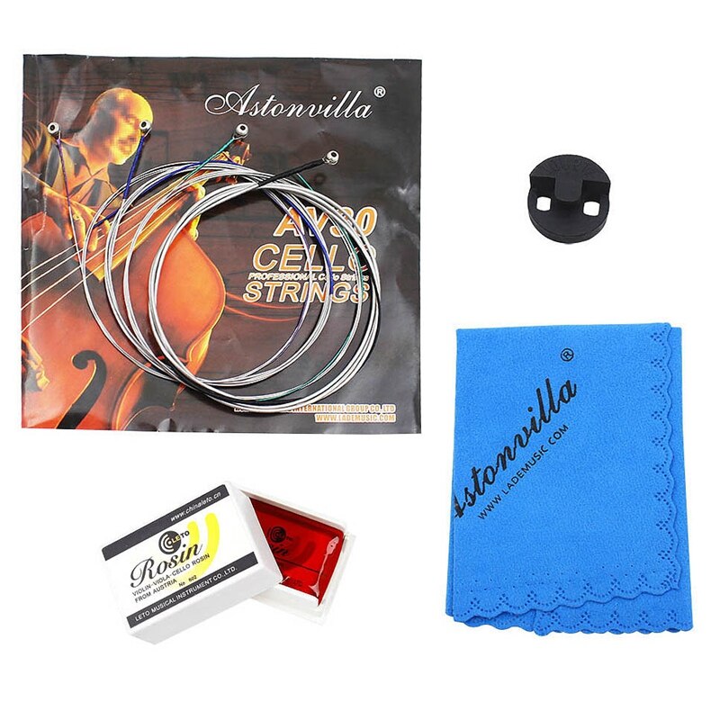 Astonvilla 4Pcs Cello Repair Kits Cello Strings + Cleaning Cloth + Rosin + Mute Guitar Musical Accessories