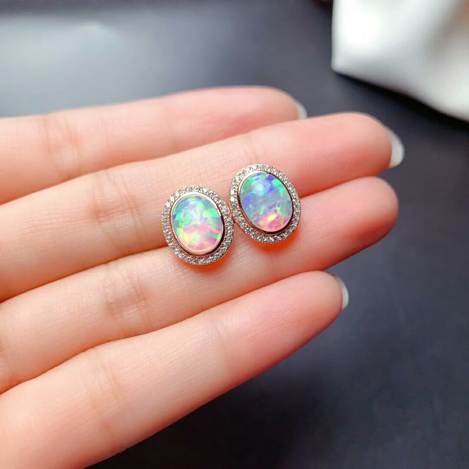 Meibapj naturlig opal ædelsten ellips øreringe ring og halskæde 3 stykke siut til kvinder ægte 925 sterling sølv fine smykkesæt: Øreringe i rosaguld