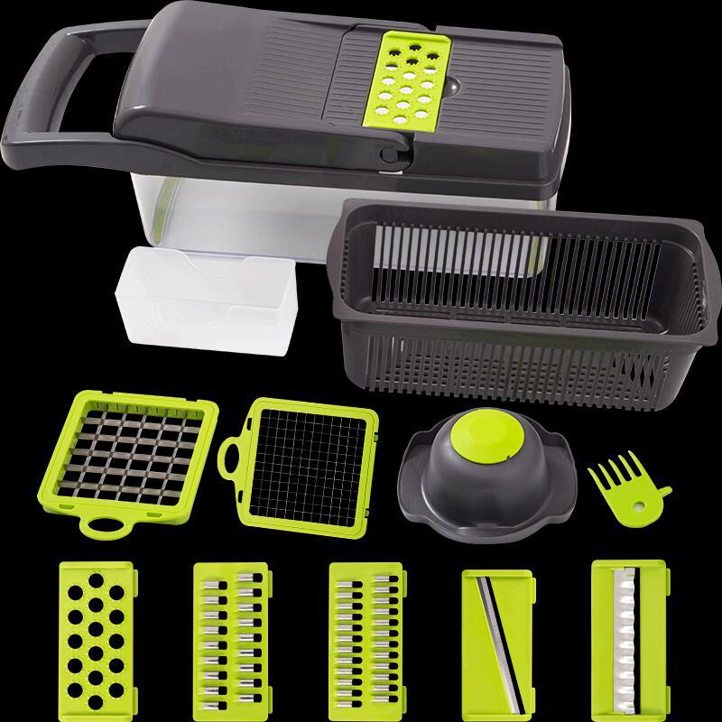 Plantaardige Chopper Mandoline Slicer Cutter Chopper En Rasp 7 In 1 Verwisselbare Messen Met Vergiet Mand En Container