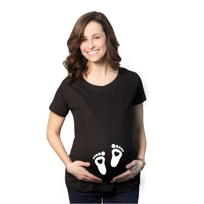 Sommer kortærmede gravide t-shirts mærke kvinder graviditetstøj baby fodaftryk tryk barsels t-shirt