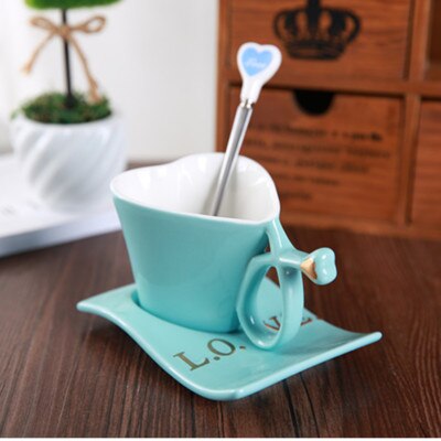 LOVE Heart Shape Lover Coffee Mug Ceramic Milk Mug with Plate Couple's Morning Tea Cup Office Water Cup for Girls: A 1